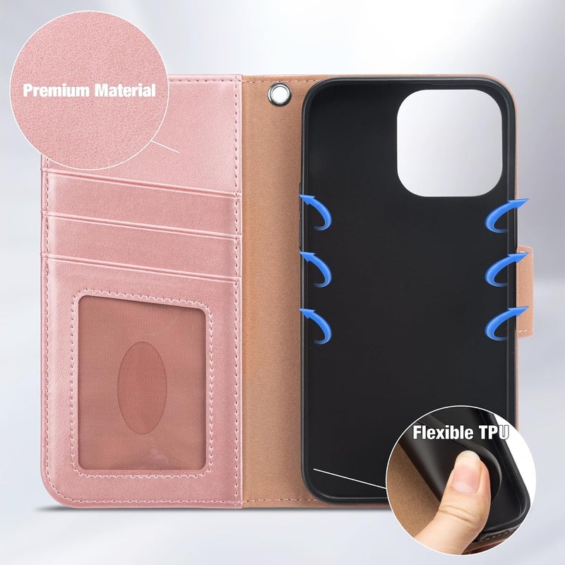 Arae Compatible with iPhone 15 Pro Case with Card Holder and Wrist Strap Wallet Flip Cover for iPhone 15 Pro 6.1 inch,Rose Gold - Image 5